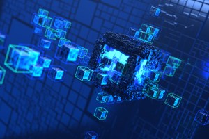 Conjunto de quadrados holográficos em um fundo azul, trazendo o contexto de blockchain para explicar o que é DAO.