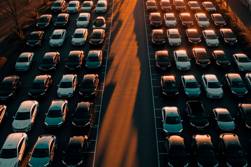 Vários automóveis estacionados e enfileirados em um pátio ao entardecer, trazendo a ideia de frota de veículos no universo do mercado automotivo.