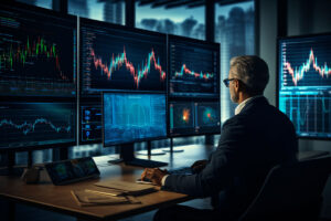 Homem observa diversos dados em monitores corporativos, com a intenção de descobrir a propensão marginal a investir de investidores.
