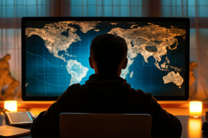 Homem observa um mapa mundi em um monitor, com o objetivo de compreender profundamente o cenário das empresas que investem em tecnologia.