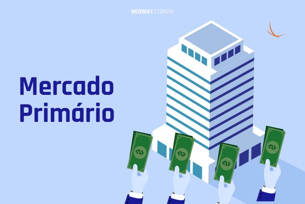 Ilustração de um prédio com mãos levantando dinheiro enquanto apresenta o mercado primário.