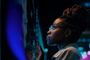 Mulher negra de óculos observa uma tela com gráficos trazendo o contexto dos dados e da priorização de leads do Neoway On Target.