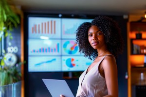 Mulher negra olha para frente com um fundo repleto de monitores que apresentam gráficos e dados, trazendo o contexto de Data Driven Compliance.