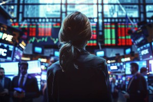 Mulher branca e loira está parada olhando para um telão repleto de dados, trazendo o contexto de acompanhamento do mercado futuro.