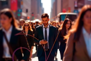Homem branco de barba usando terno, gravata e camisa social anda por uma rua repleta de pessoas enquanto olha para um celular em uma de suas mãos, trazendo o contexto da importância de entender mais sobre o uso dos modelos preditivos em estratégias de marketing e vendas.