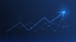 Gráfico apontando para cima, trazendo o contexto de maturidade empresarial, em um fundo azul.