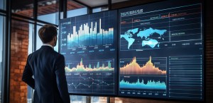 Homem em pé observa diversas telas com gráficos que fazem alusão ao overview da bolsa de valores em janeiro de 2025.