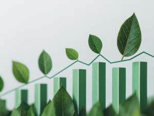 Folhas em sentido crescente acompanham barras verdes que representam um gráfico de crescimento, trazendo o contexto dos impactos positivos da economia verde nas empresas.