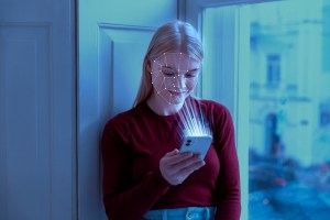 Mulher branca encostada em uma porta enquanto segura o celular com uma das mãos enquanto o aparelho reflete e espelha um tipo de luz em seu rosto que remete à tecnologia de facematch.